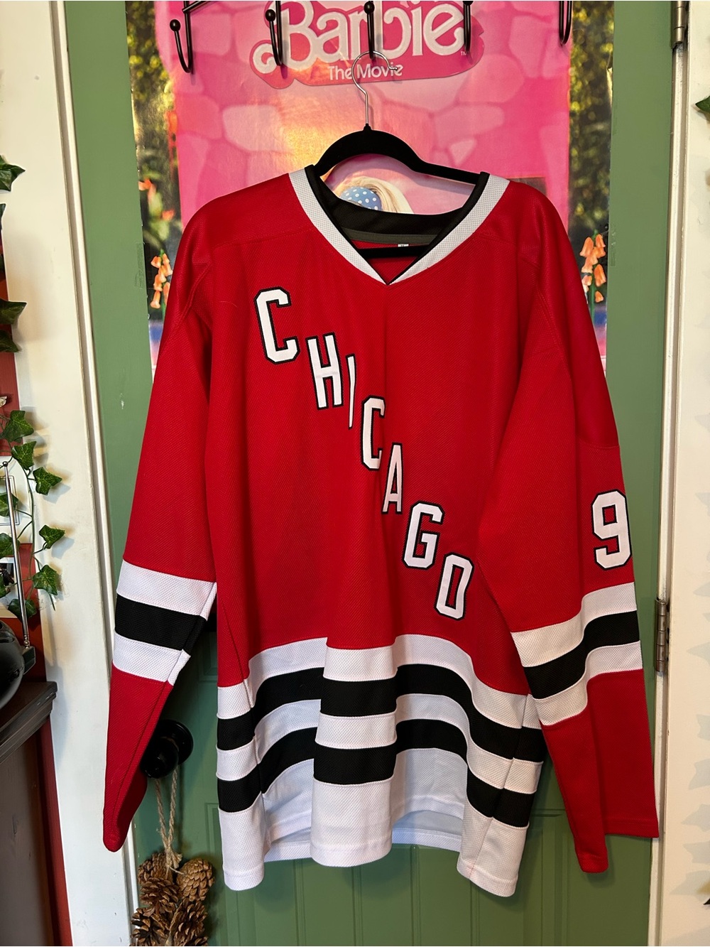 Men’s Red Chicago Hockey-Style Jersey with Black & White Stripes